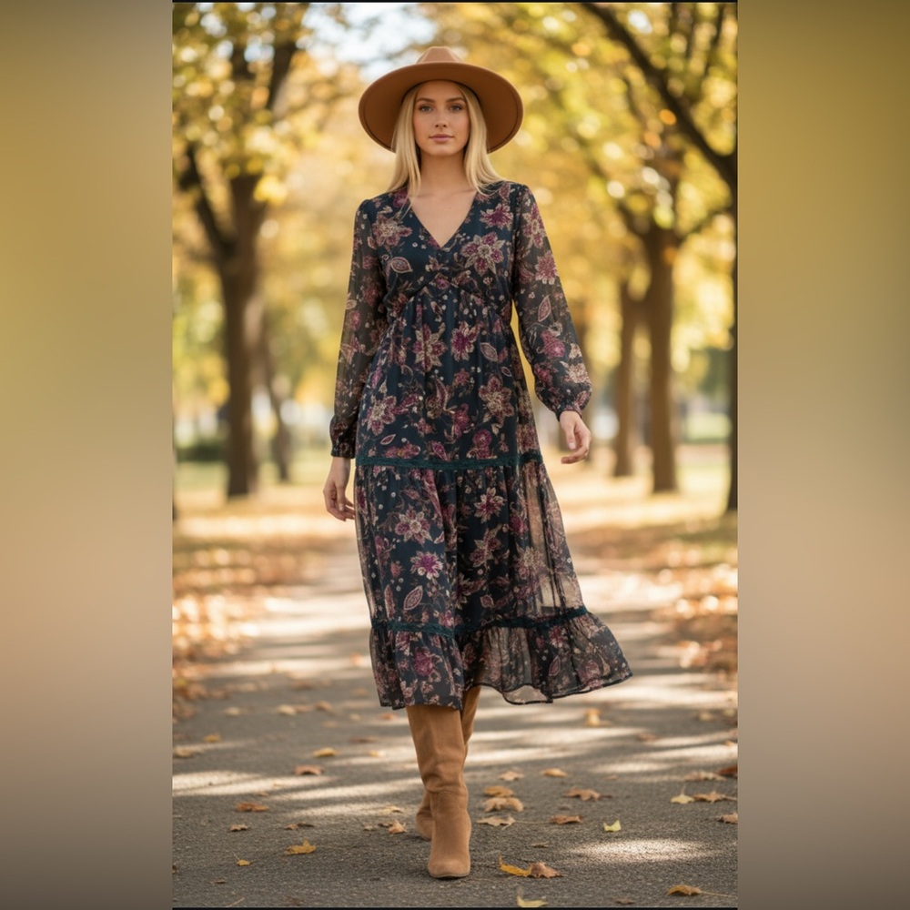 BOG, Band of the free, RUN THE WORLD PINE PAISLEY EMPIRE WAIST MIDI DRESS, XS